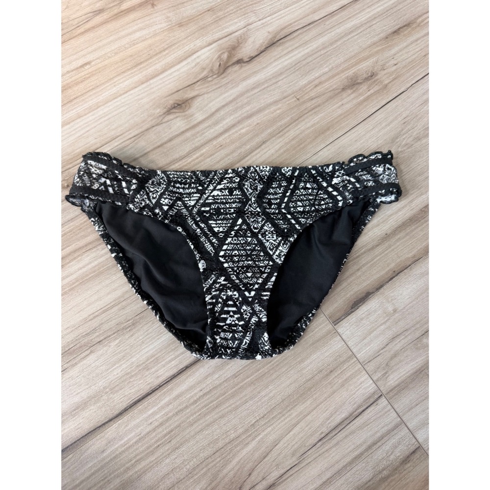 Becca Womens Black White Geometric Tribal Ruched Hipster Bikini Bottoms medium